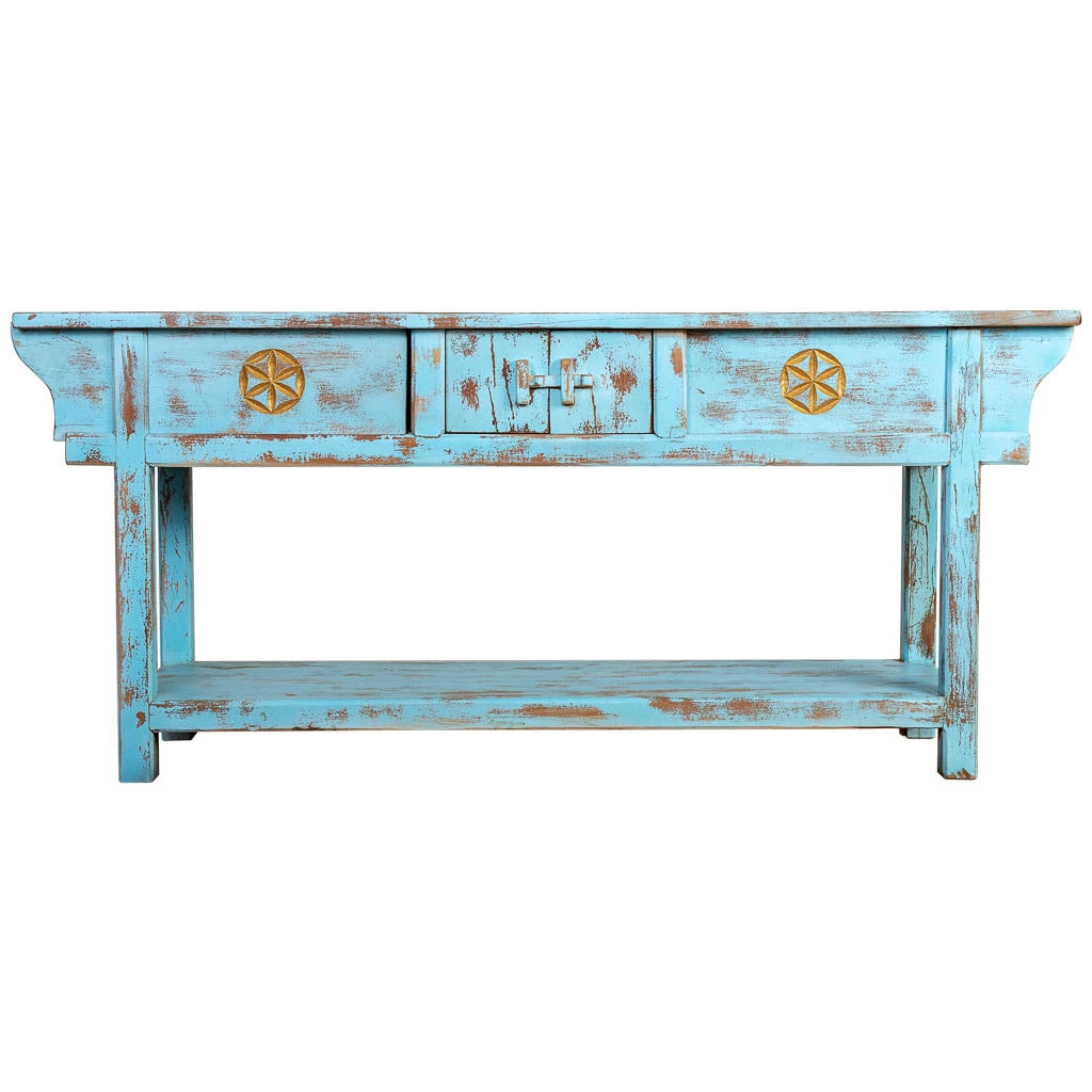 Mobile da ingresso in legno artigianale blu invecchiato 181x45x80h cm