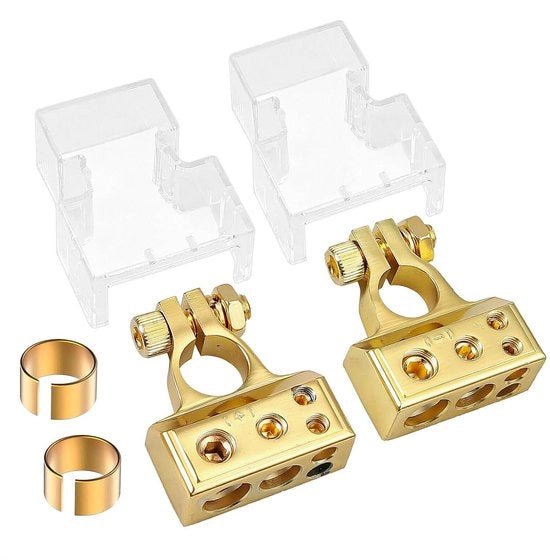 Set di Terminali Batteria da 2 pezzi con Copertura Transparente e Morsetto a Anello (Oro) - Morsetti di Connessione Polo Positivo e Negativo per Auto