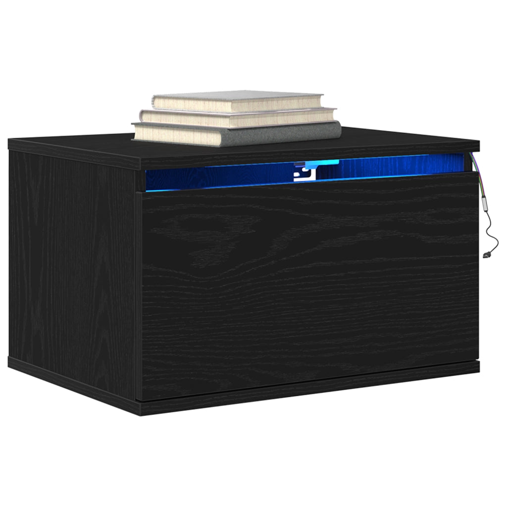 Comodino  con LED montato a parete in rovere nero 50x36x30 cm