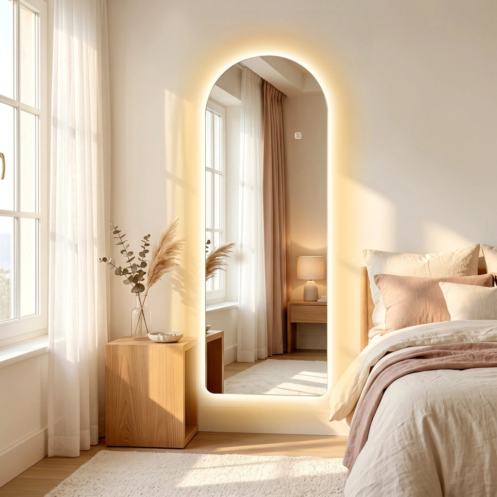 Specchio da Parete ad Arco con Illuminazione LED Regolabile e Controllo Touch, in Vetro Temperato, 40x3x120 cm