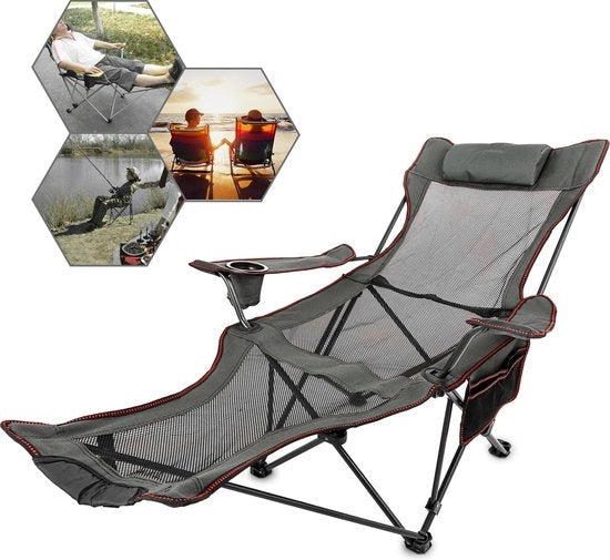 Sedia da Campeggio - Letto Esterno - Ombrellone da Sole - Sedia da Pesca - Ripiegabile - Tessuto Respirante - Schienale Regolabile - Inclusa Ciotola - Con Tasca Portatile - Grigio