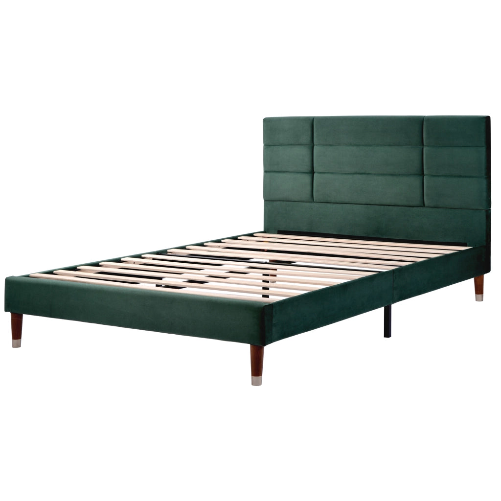 Letto imbottito in velluto verde scuro con doghe, 140x200 cm