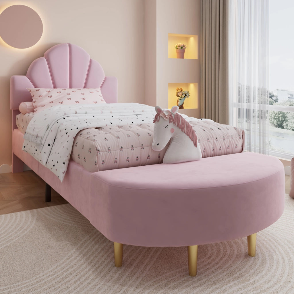 Letto Singolo 90 x 200 cm - Testiera in Velluto; Panca Coordinata e Bordi Morbidi
