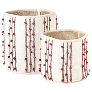 Set di 2 cestini in cotone beige con rosso alti 40/45 cm per riporre oggetti in stile rustico boho