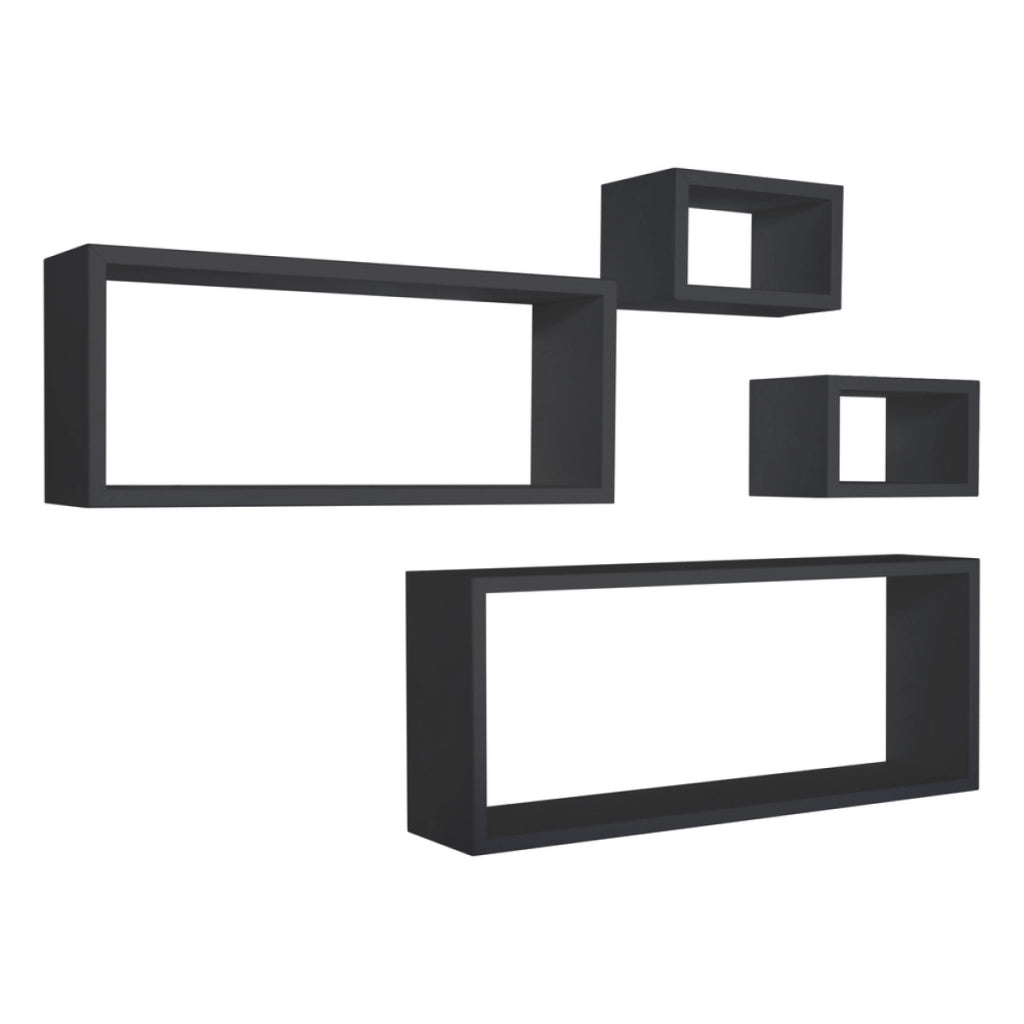 Set 4 Mensole da Muro Modello MERLINO, Pensile Bagno, Mensola Parete, Scaffale Parete. Misure 75x30 p15.5 cm, 60x25 p15.5 cm e 2 da 25x15 p15.5 cm. Finitura  NERO - MADE IN ITALY