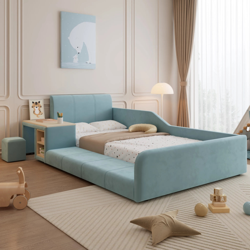 LETTO Singolo imbottito 90x200 cm con scrivania e sgabello in velluto blu