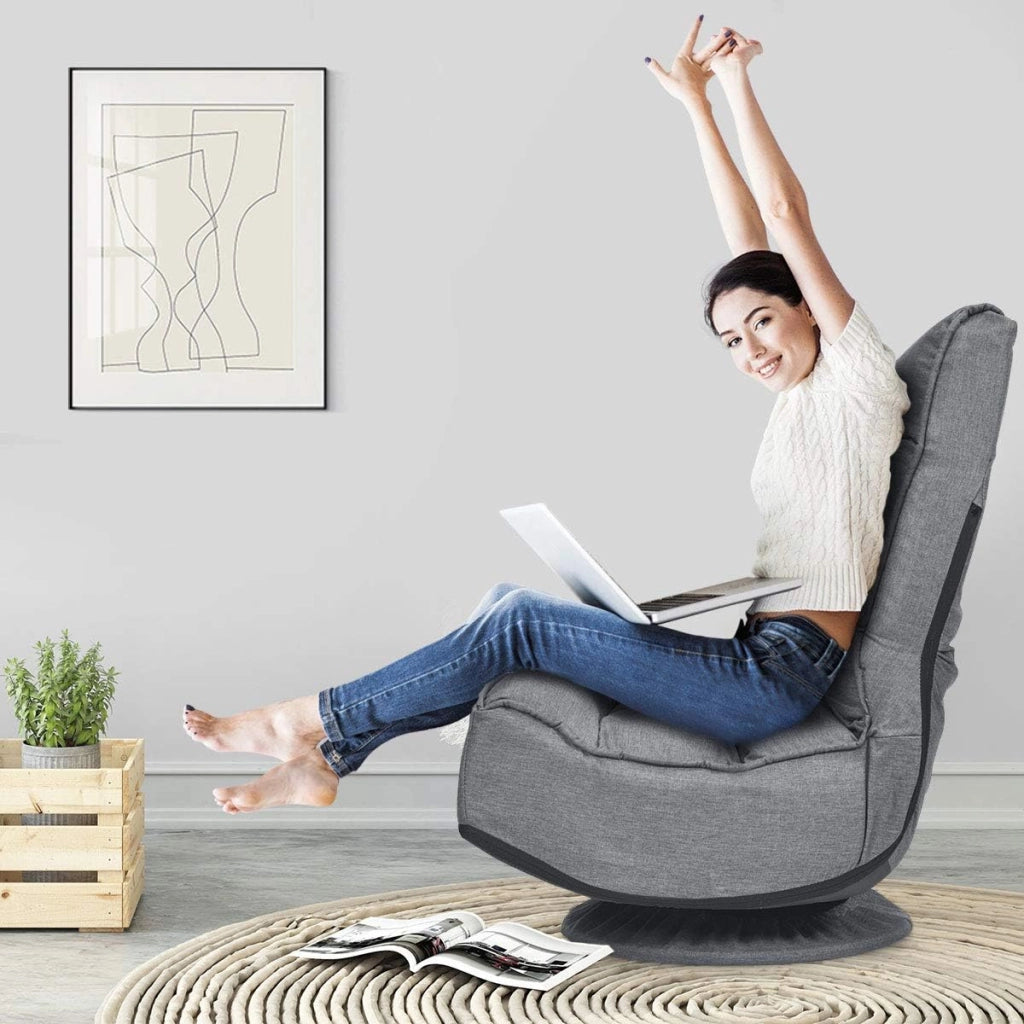 Sedia Imbottita da Pavimento, Reclinabile a 5 Livelli, Schienale Pieghevole, Base Girevole, Portata di 120 kg, Postazione da Relax/Lavoro/Gaming, 59x75x83 cm, 4 Colori Disponibili