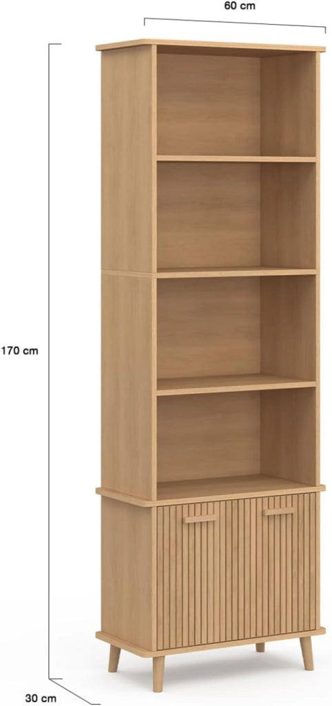 Libreria a 4 livelli con armadio JULIETTE a doghe colore rovere