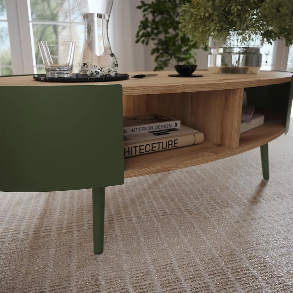 Tavolino Lofta, Verde, 120 x 60 cm, con ripiano per riviste e telecomandi