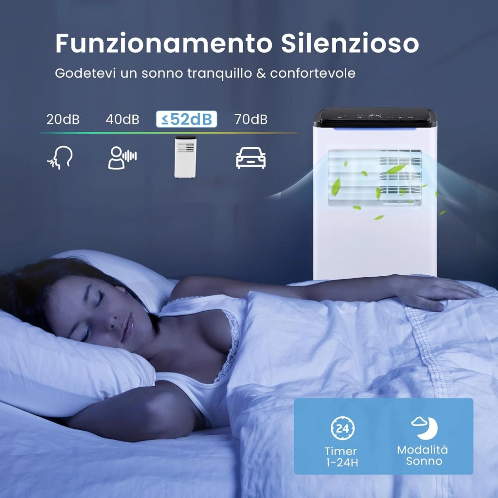 Condizionatore Portatile Caldo e Freddo, 9000BTU/2,6 kW, 5 in 1 con Raffreddamento, Riscaldamento, Ventola, Deumidificazione e Modalità Sonno, 24H Timer, R290