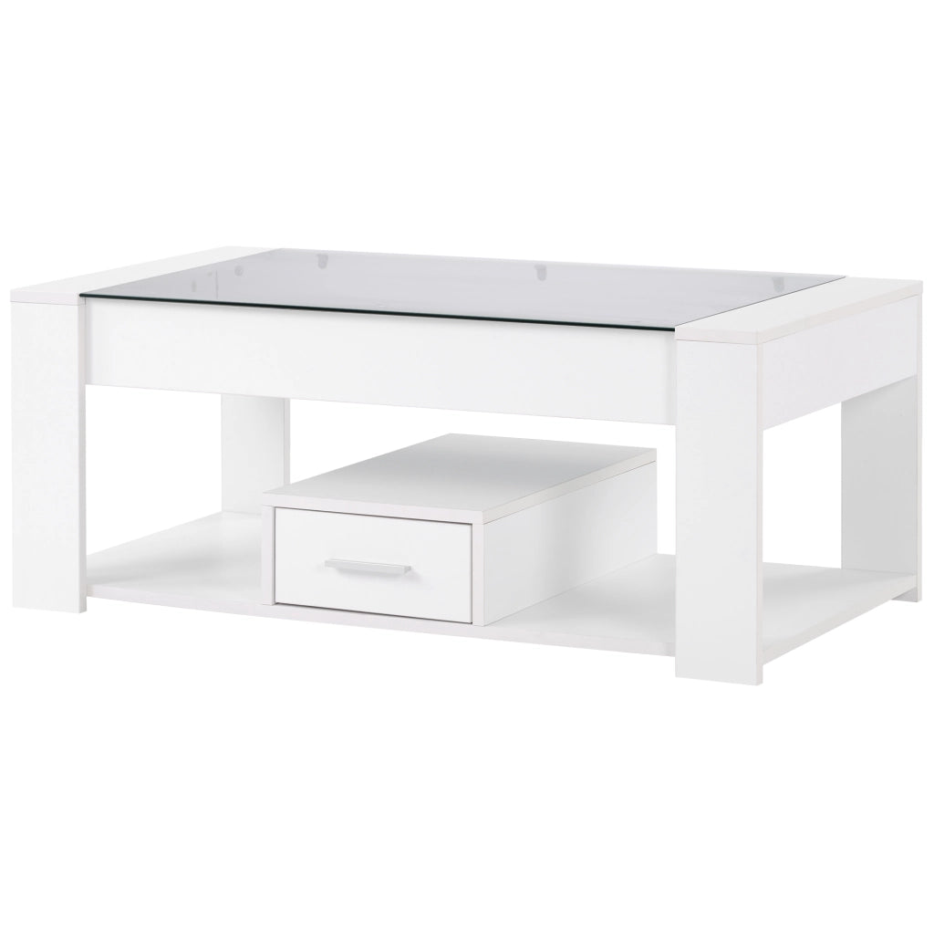 Tavolino da salotto rettangolare con piano in vetro temperato; cassetti e vano contenitore; bianco 100 x 50 x 40 cm