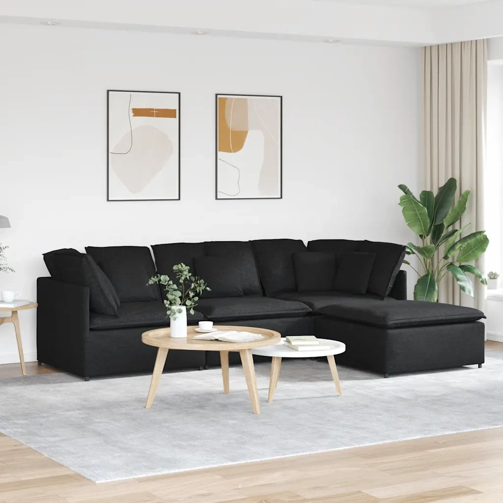 Divano Modulare con Poggiapiedi e Cuscini in Tessuto Nero 3321299