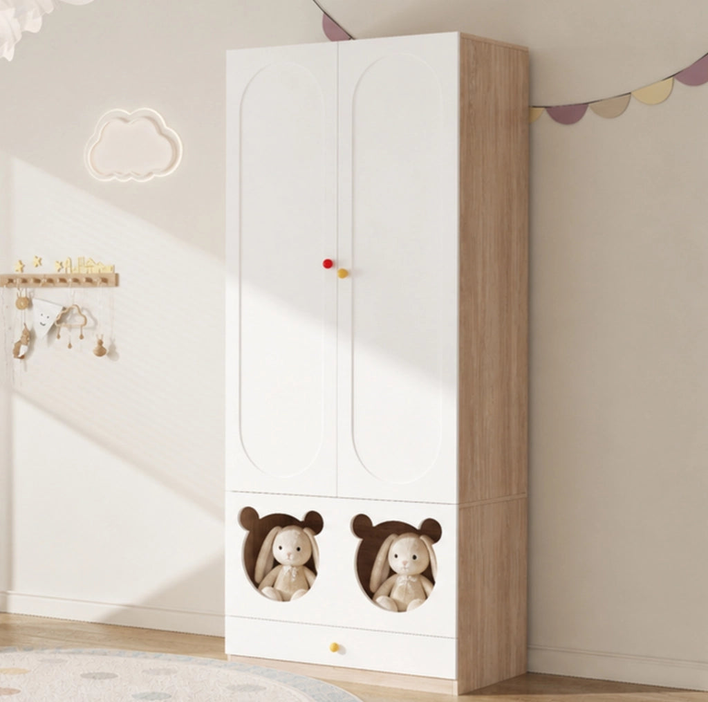 Armadio per cameretta con ante e cassetti, bianco e legno