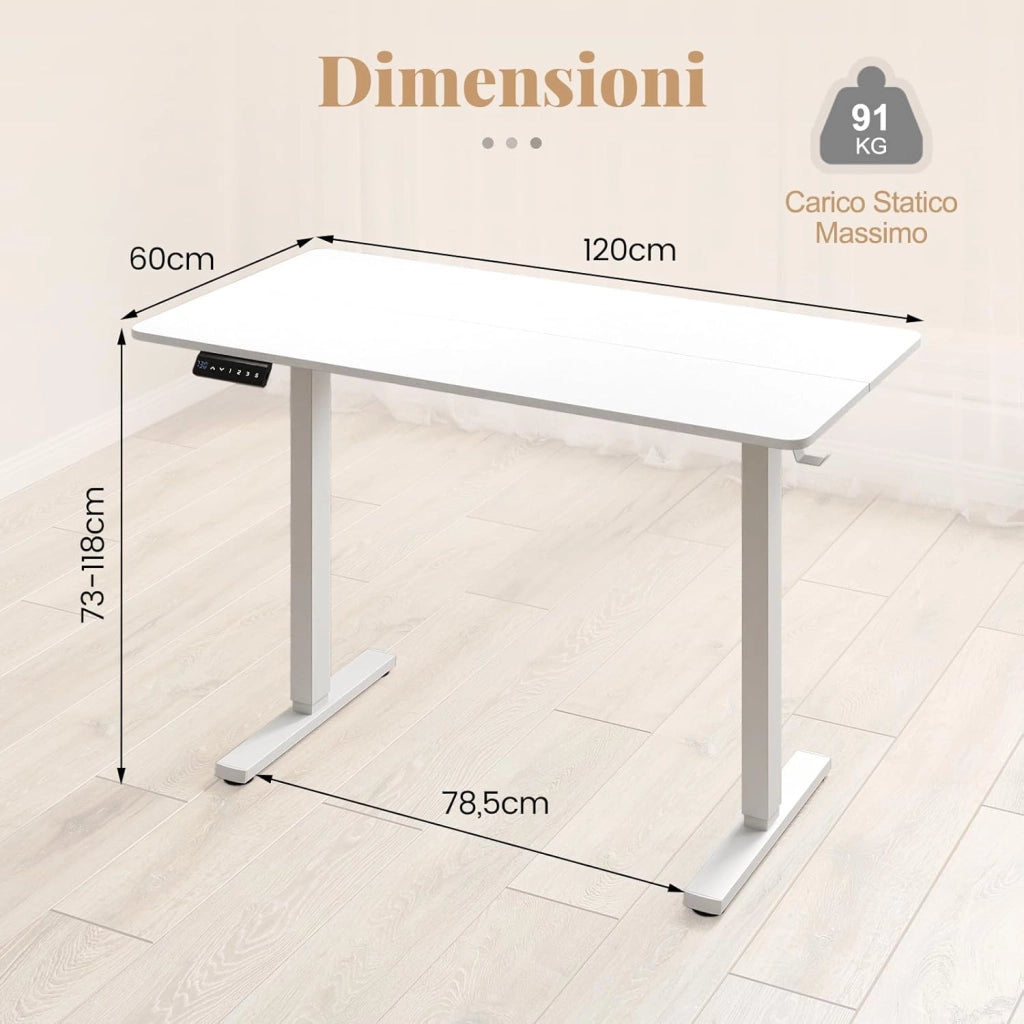 Scrivania Elettrica Ergonomica 120 x 60 cm, 3 Memorie di Altezza, Protezione Anti-Collisione e Gancio per Cuffie, Scrivania Regolabile in Altezza per Ufficio e Casa (Bianco)