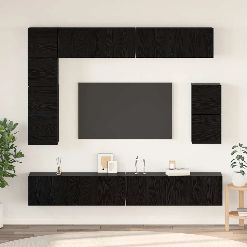 Set mobile TV 8 pz-Credenza per TV Rovere Nero Legno multistrato 424637