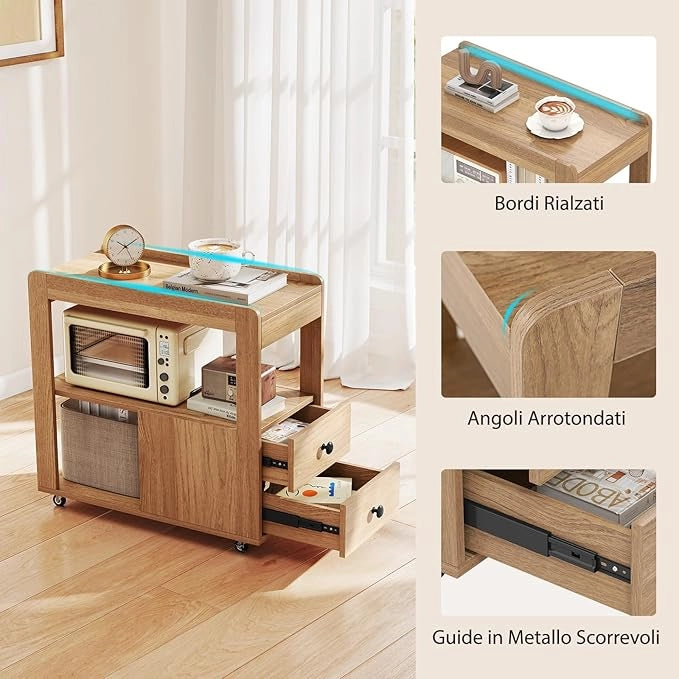Tavolino da Salotto, Tavolino Moderno Laterale a 2 Cassetti con Ripiani Aperti e Ruote Universali Bloccabili, Tavolo Stretto per Soggiorno, Camera da Letto e Ufficio (Naturale)