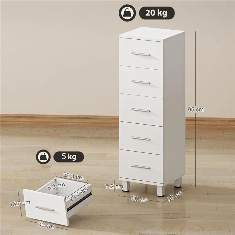 CASSETTIERA A 5 CASSETTI PER CAMERA DA LETTO E SOGGIORNO IN LEGNO FSC, 30X30X95 CM, BIANCO