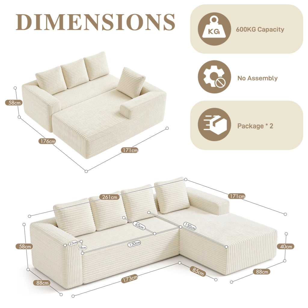 Divano modulare a L con chaise longue reversibile in velluto a coste beige
