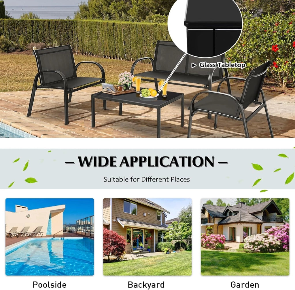 Set di 4 mobili da giardino per 4 persone, set da giardino con 2 sedie e 1 panca e 1 tavolino da caffè, set di mobili da terrazza per piscina, cortile (nero), QF54737IBDE