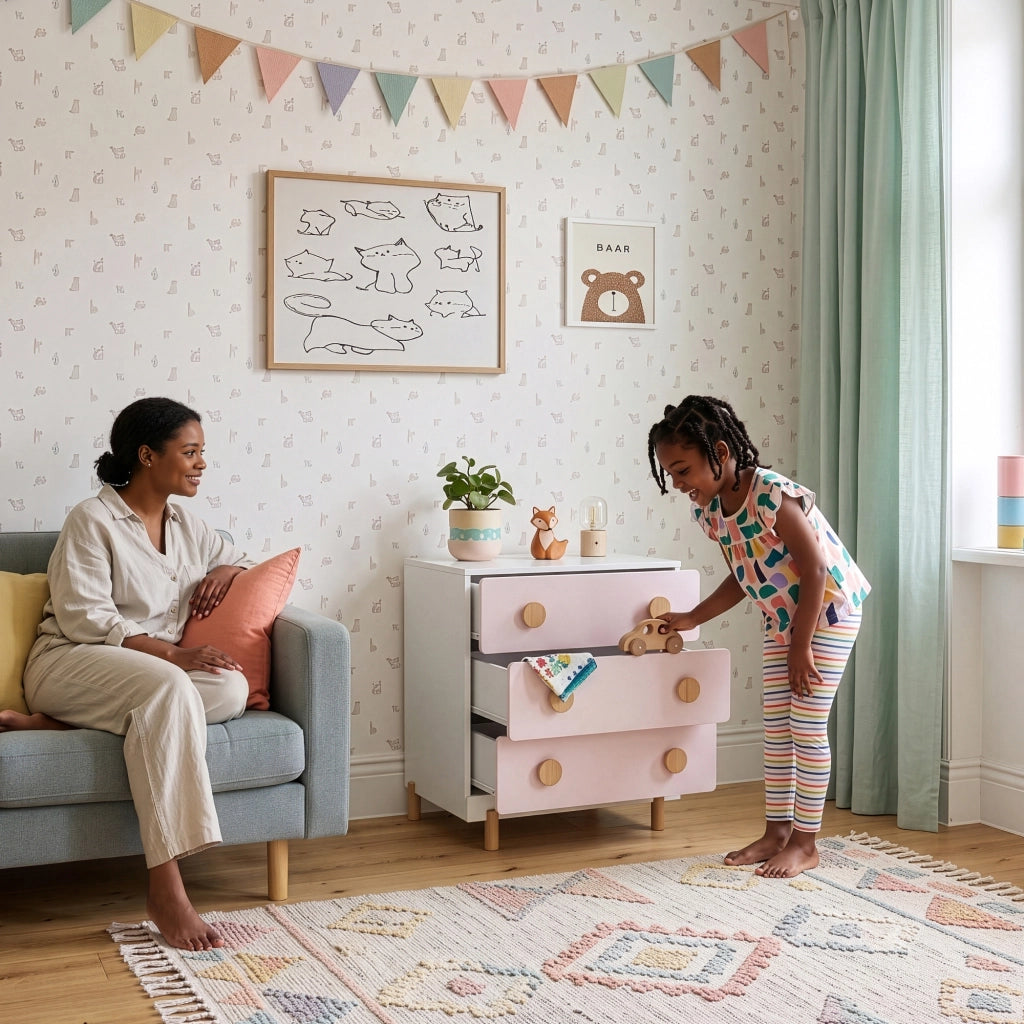 Cassettiera Vaarentaa per Cameretta con 3 Cassetti 66x55x41 cm - Bianco/Rosa [en.casa]