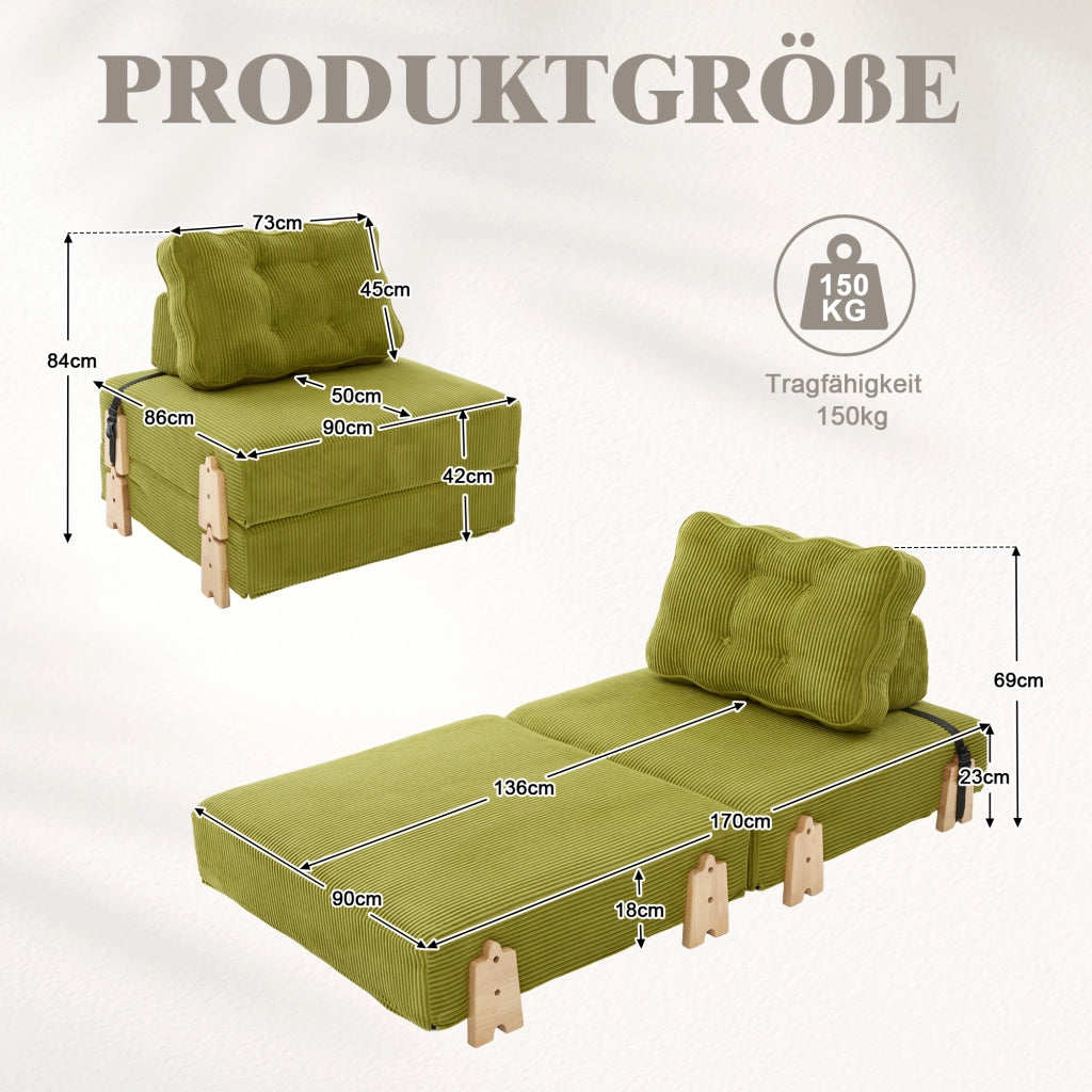 Divano letto singolo in velluto ¨C Minimal ¨C verde, gambe in legno