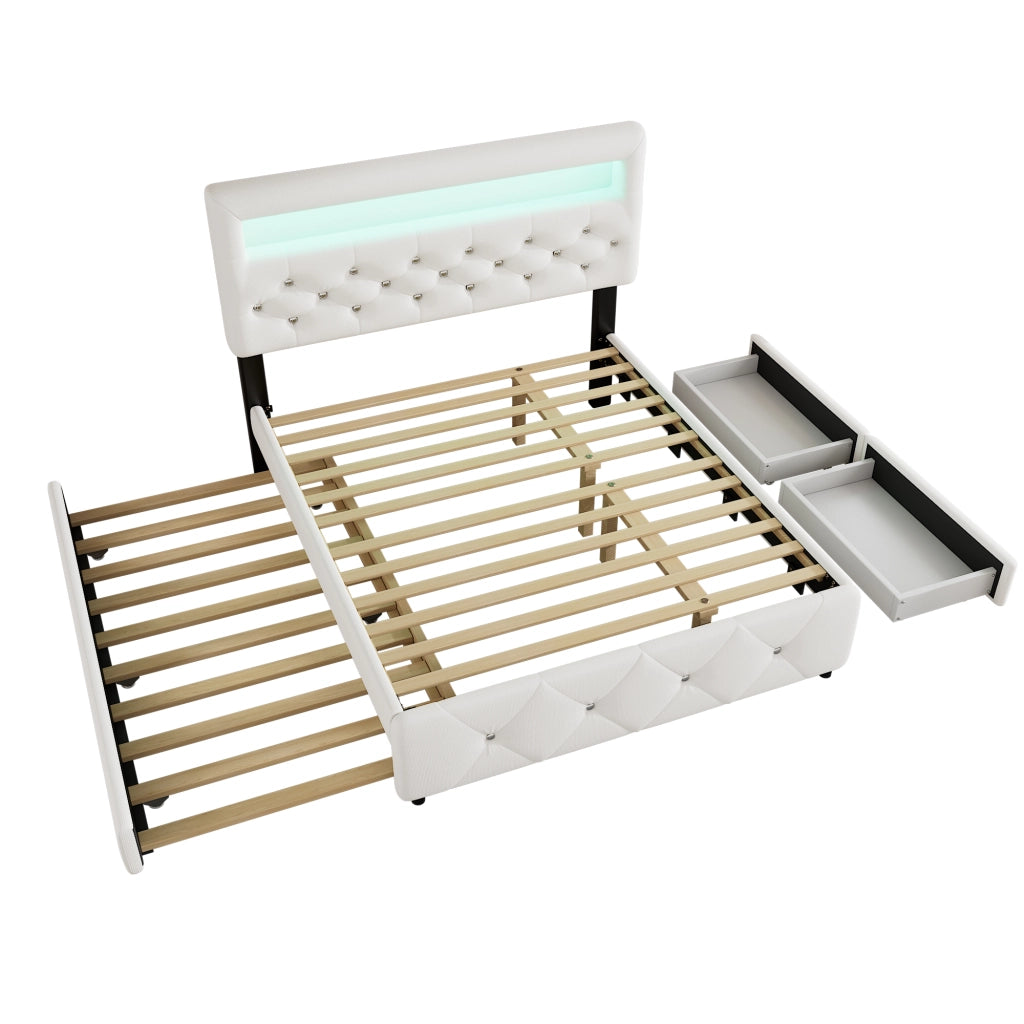 Letto imbottito matrimoniale 140×200 cm con letto estraibile; 2 cassetti e luce; senza materasso; bianco