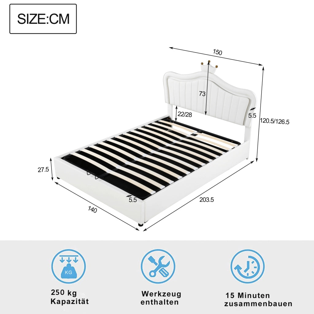 Letto contenitore singolo 140×200 cm con LED; testiera a conchiglia; senza materasso; PU bianco