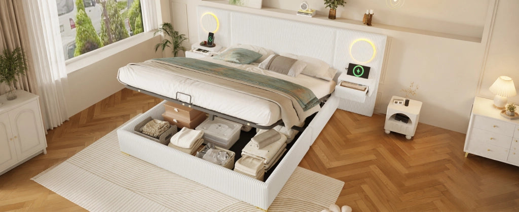 Letto imbottito beige 180 x 200 cm con LED, USB e vano contenitore