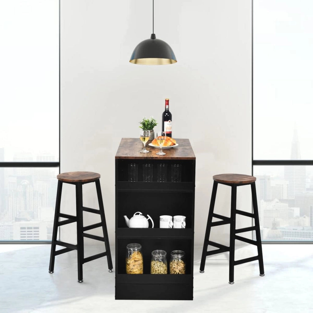 Set Tavolo e 2 Sgabelli, Set Mobili da Bar, 3 Pezzi Set da Pranzo, in Stile Industriale, Tavolo con 3 Ripiani di Stoccaggio, Sgabello con Poggiapiedi di Diverse Altezze, Struttura Metallica