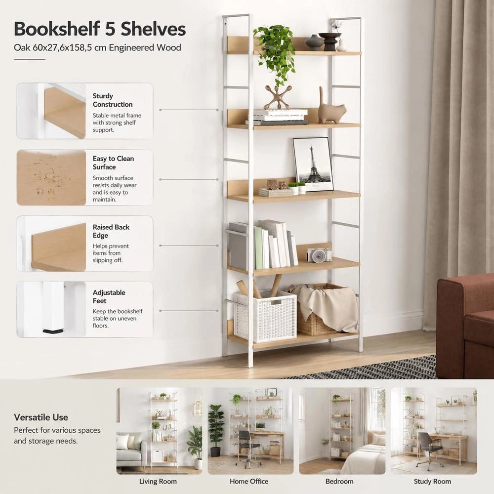 Bookshelf With 5 Shelves, Oak, 60x27.6x158.5 Cm, Engineered Wood