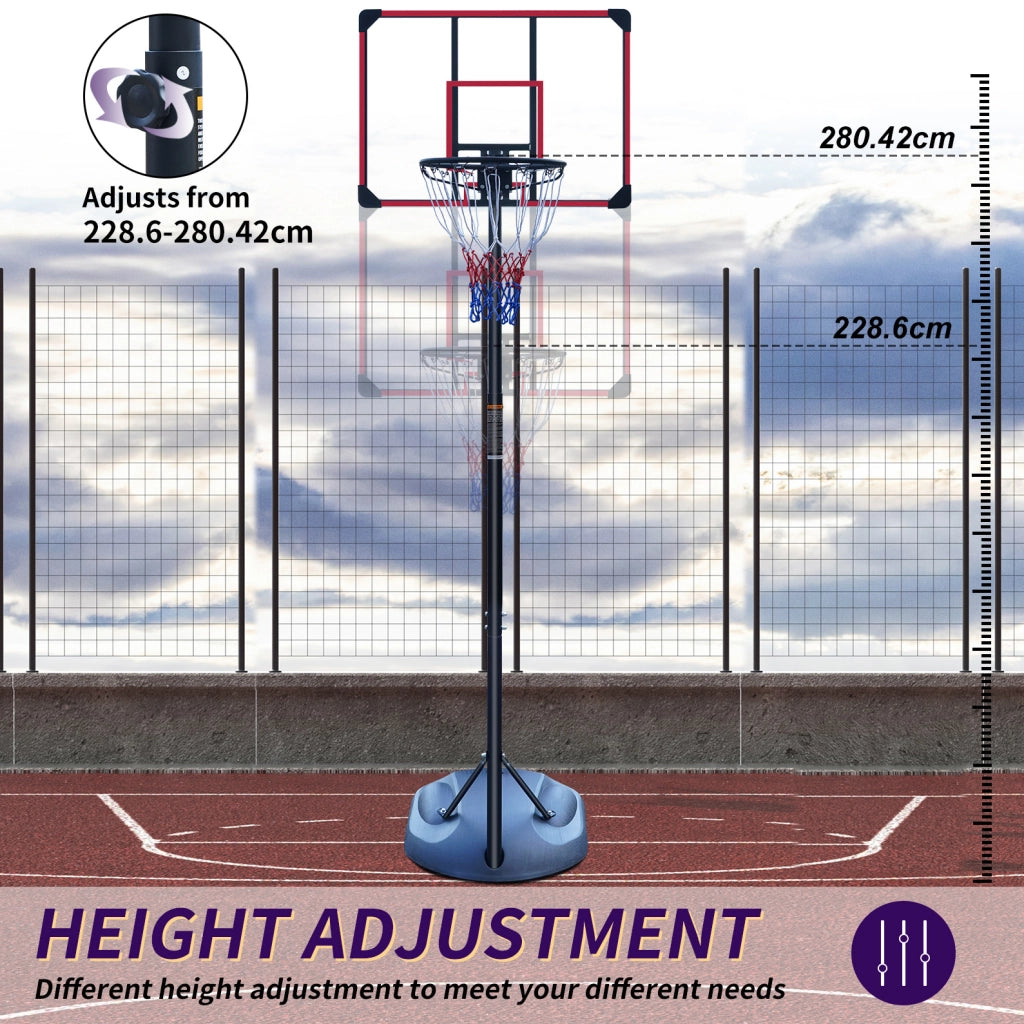 Canestro da basket ULEVR regolabile 228,6-280,42 cm con ruote, tabellone e base triangolare nero e rosso