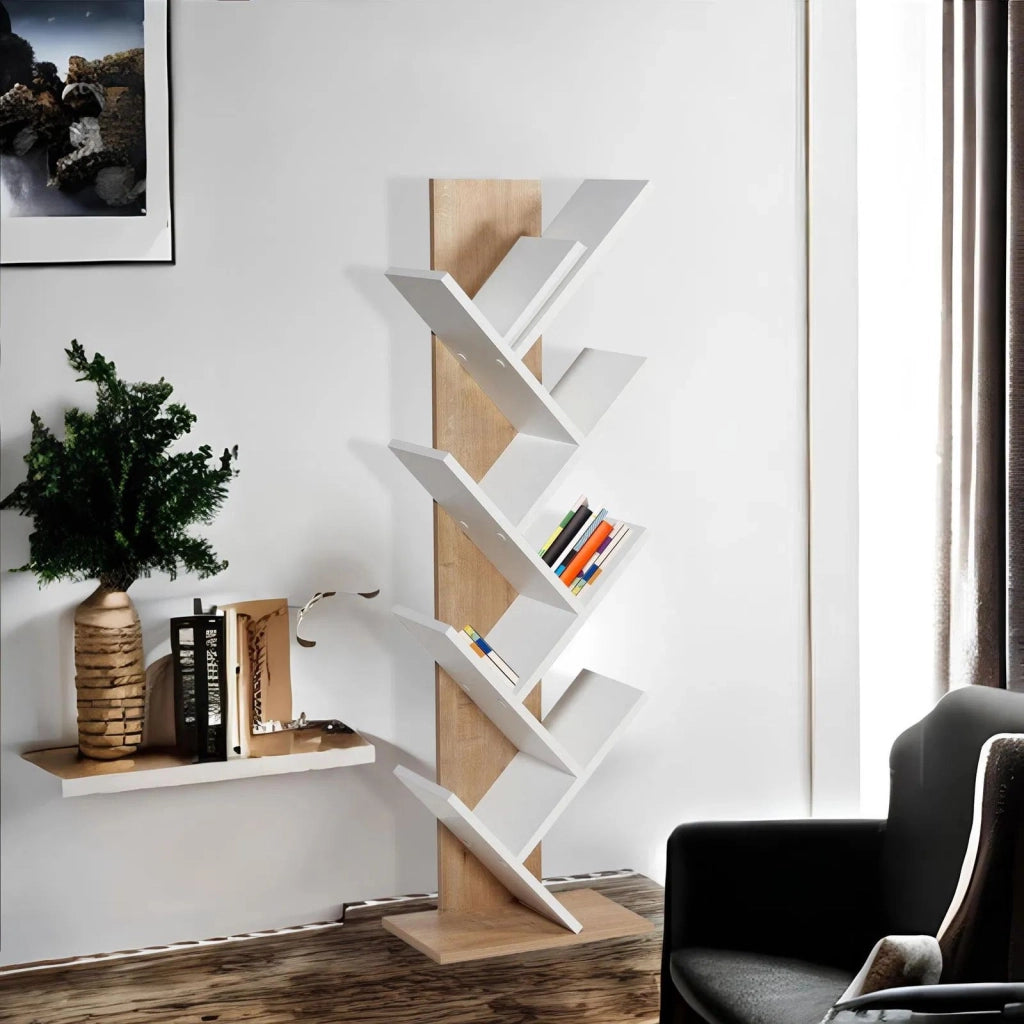 Libreria in legno "Tuval 066" - 46 x 22 x 129 cm - Rovere, Bianco