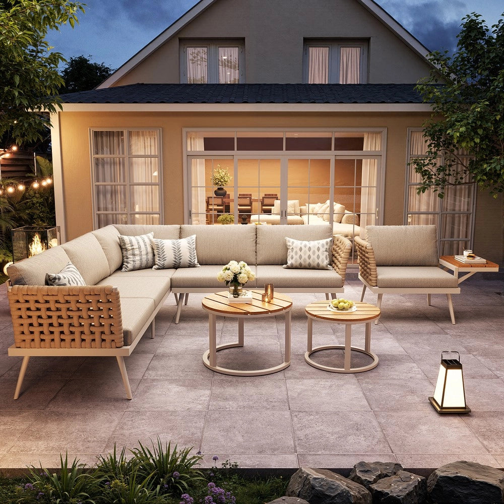 Set Divano da Giardino ad L 6 Posti con Cuscini e Tavolino ¨C Xylo ¨C Polyrattan/Ferro, Grigio/Beige