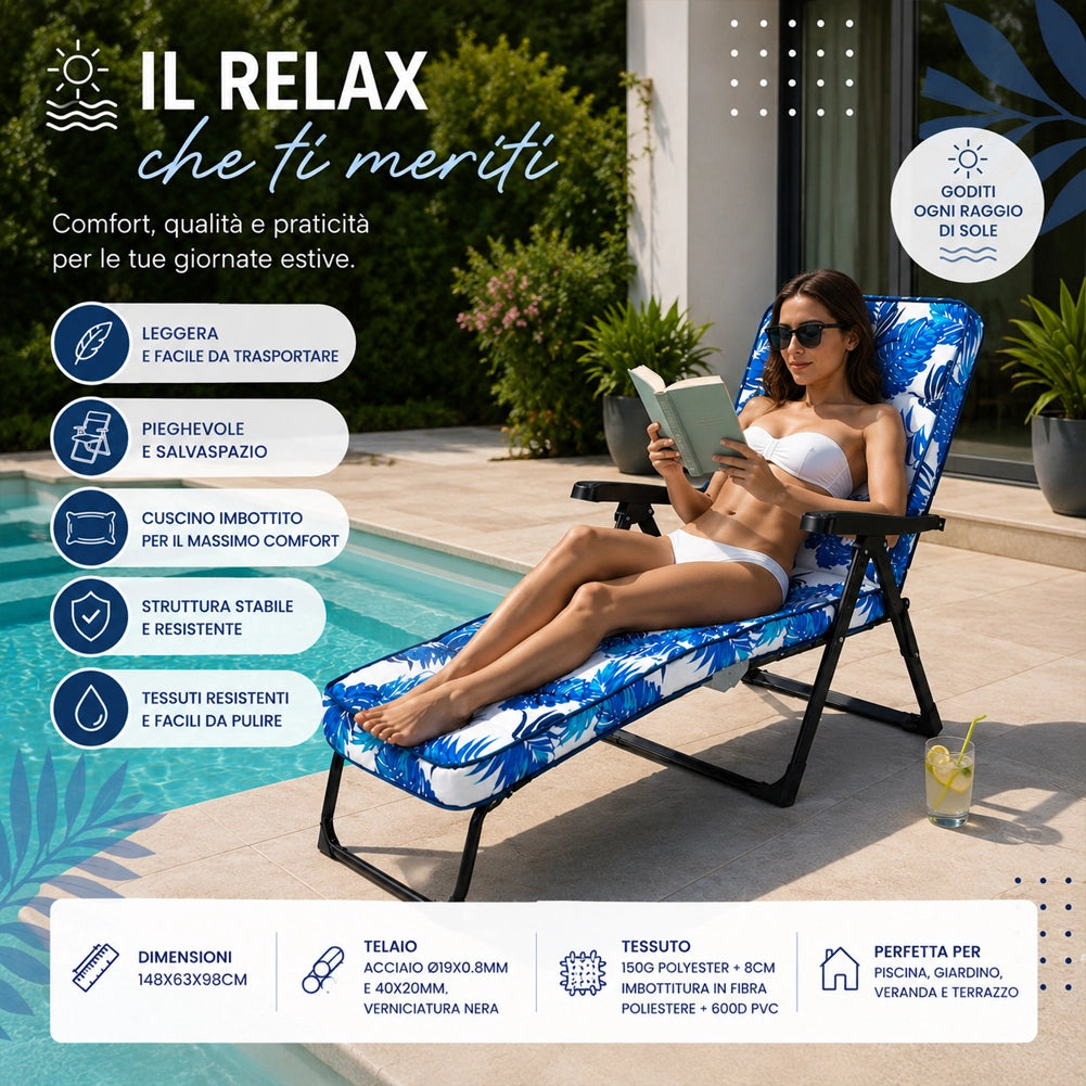 Sedia Sdraio Relax Pieghevole Imbottita con Cuscino Design Floreale 148x63x98cm