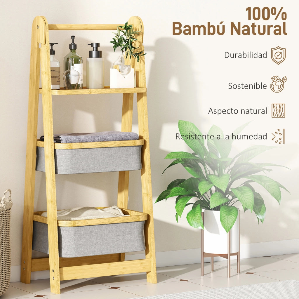 Ripiano Pieghevole per Bagno in Bamb¨´ con 2 Cestini per Biancheria ¨C zephmum ¨C Grigio 40x30x40 cm