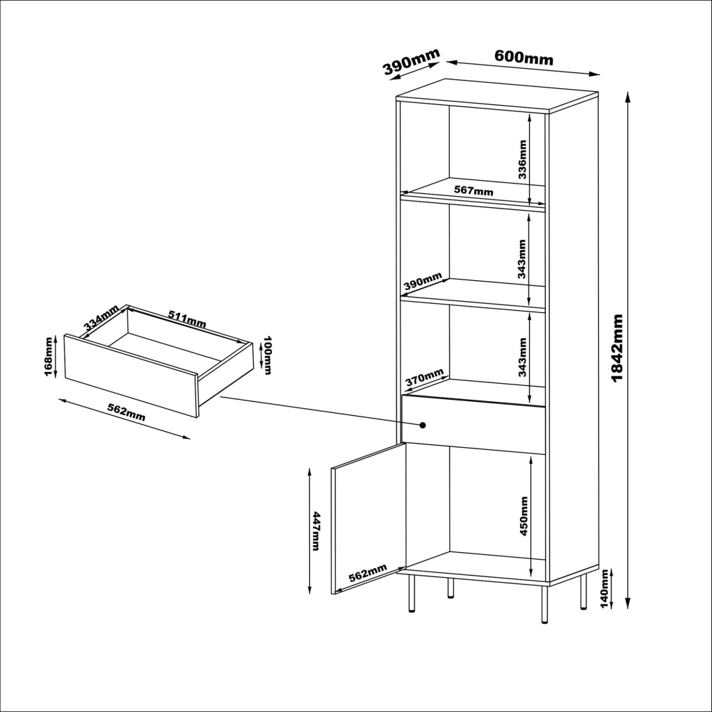 Biblioteca Pioraco, Libreria un Cassetto, 60x39x184h cm Beige