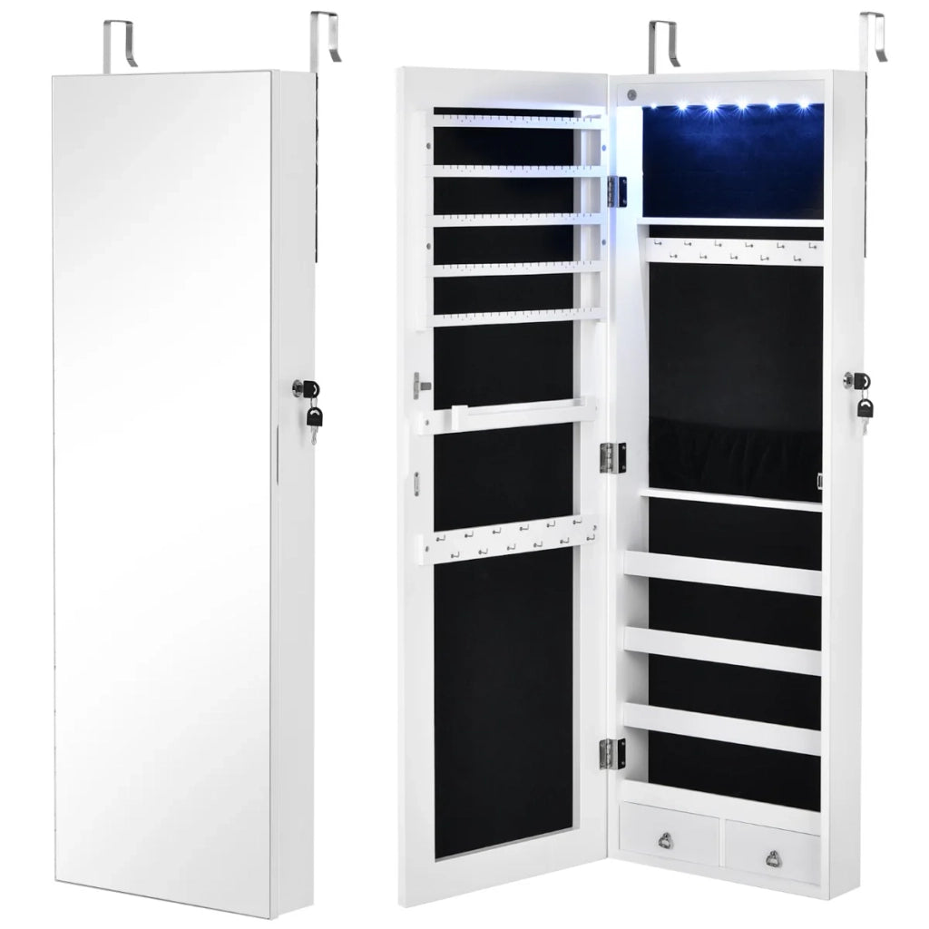 Mobiletto portagioielli da parete con specchio 108 x 36 x 10 cm spazio di archiviazione ottimizzato e illuminazione a LED design moderno in MDF bianco 20_0010398