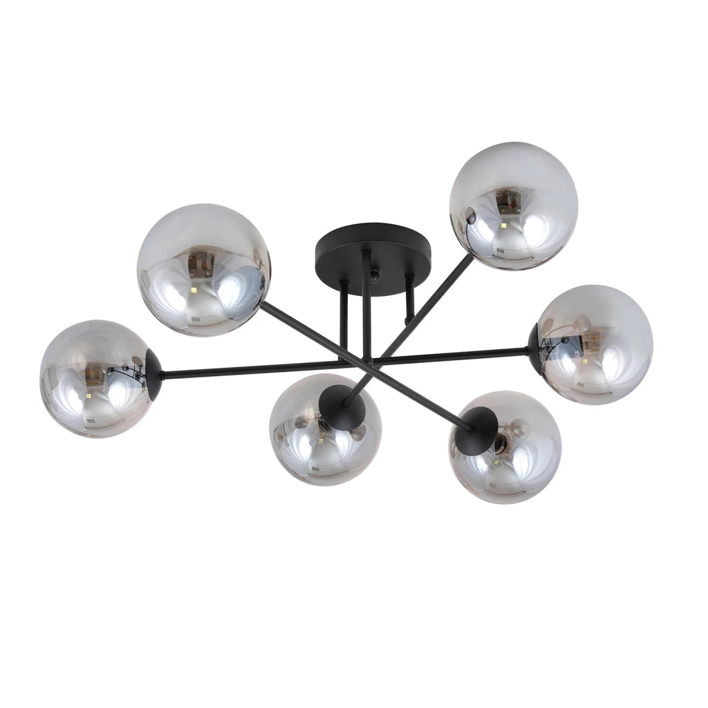 Plafoniera Moderna Morrigan 6 Luci In Acciao Nero E Sfere In Vetro Fumè