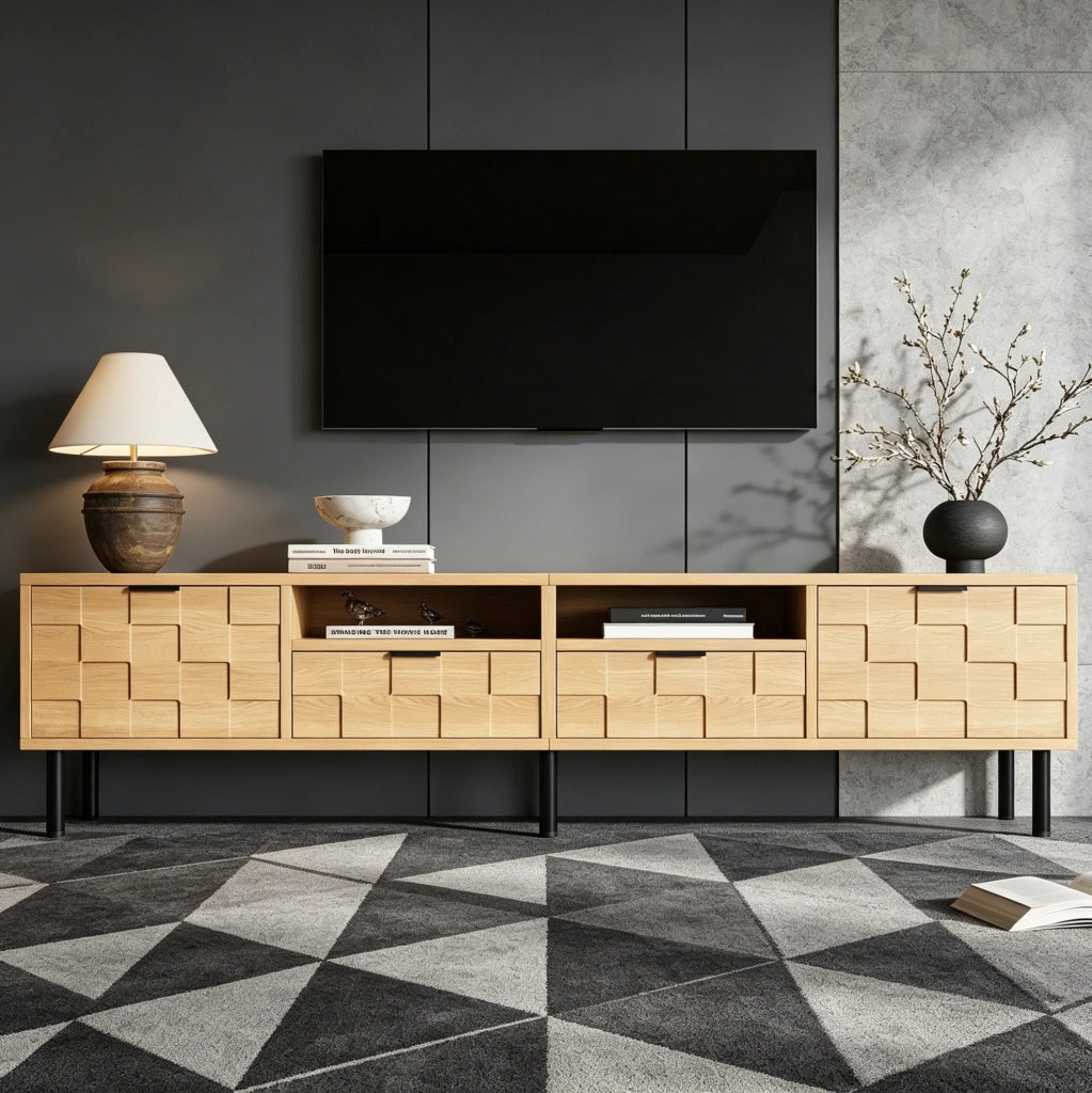 Mobile TV 200 cm con 2 ante, 2 cassetti e ripiani aperti in MDF e truciolare naturale