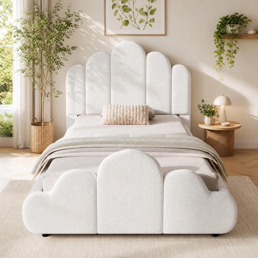 Letto singolo imbottito per bambini 90x200 cm con testiera morbida in tessuto bouclé beige