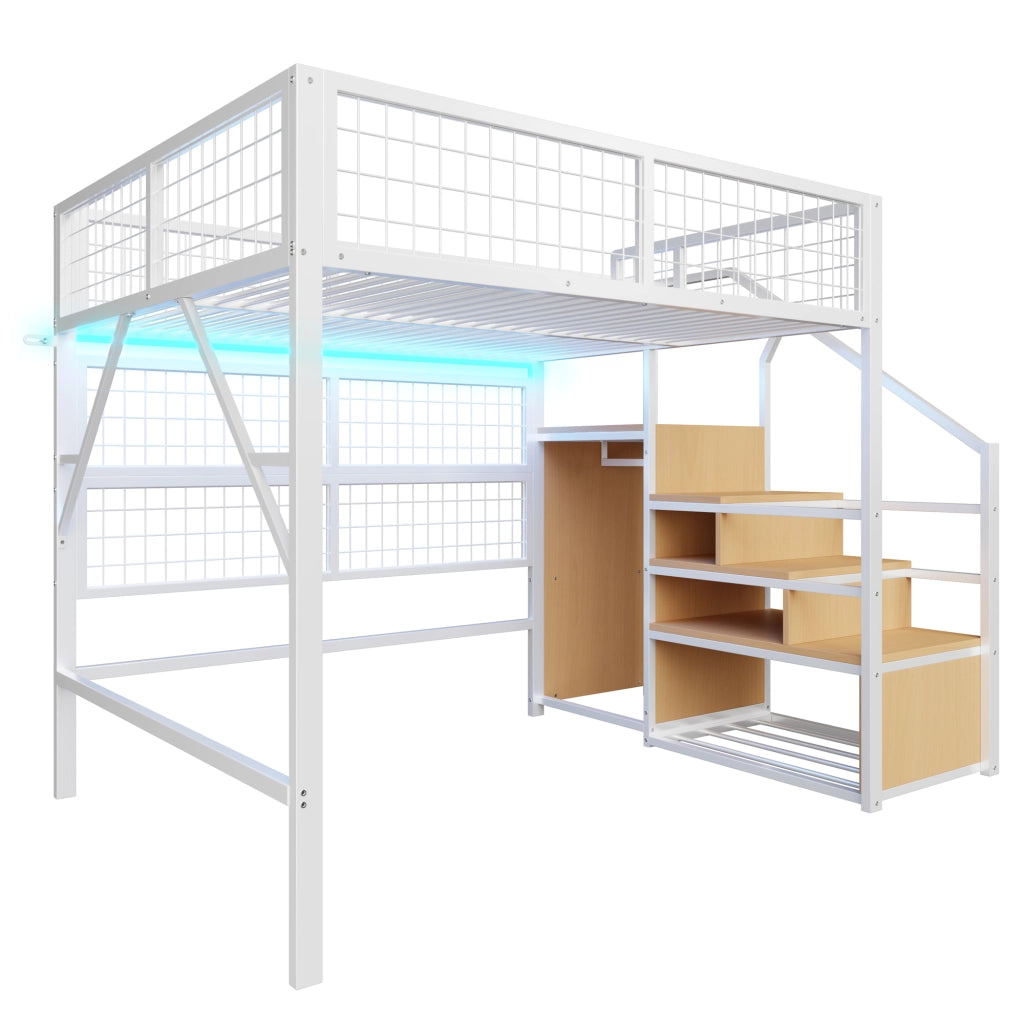 OKWISH Letto soppalco 140×200 cm, Letto Matrimoniale con Scala con Contenitori, LED con App e Rete di Sicurezza, senza Materasso, Bianco