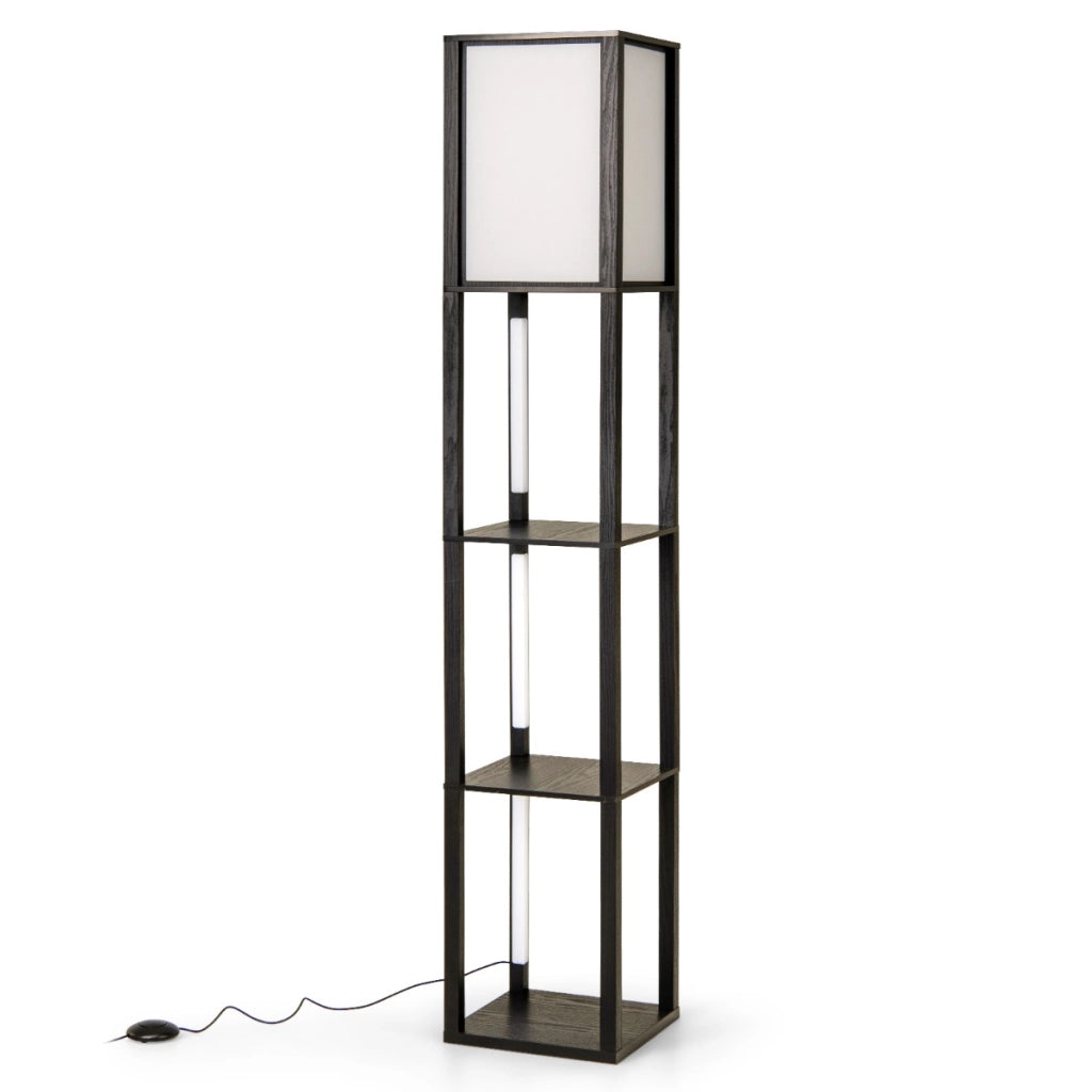 Lampada a mensola in legno con 3 strisce LED e paralume con luce e interruttore a pedale, Lampada da terra moderna con scaffali Nero-Lampade