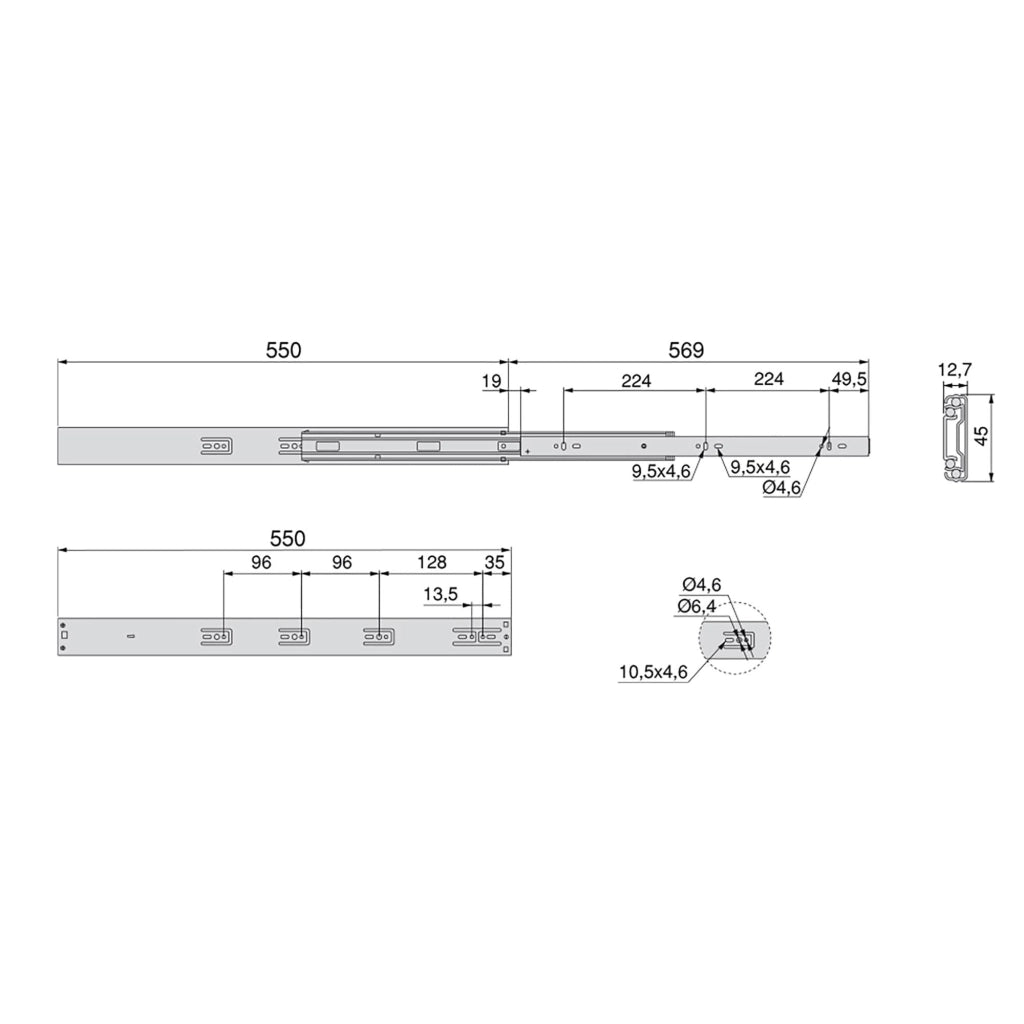 Kit Guide per Cassetti a Sfera 45 x 550 mm Estrazione Totale Chiusura Soft Zincato 5 Pezzi Emuca