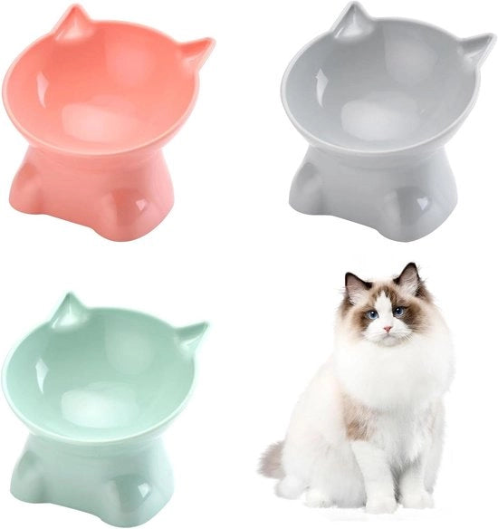 Set di Piatti per Gatti Elevato con Sostegno - Piatti per Gatti con Angolo di 15° di Inclinazione - 3 Pezzi