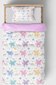 Set da letto 135 x 200 cm, tessuto microvezel morbido, set da letto per bambini a due pezzi, coperta con cuscino 80 x 80 cm, disegno unicorno.