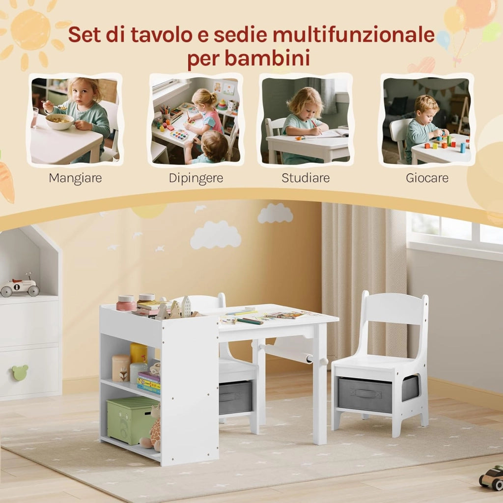 Tavolino Bambini con 2 Sedie, 3 in 1 Scrivania Cameretta in Legno, con Ripiano a 3 Livelli, Portarotolo di Carta e Contenitore Rimovibile, per Asilo, Bianco