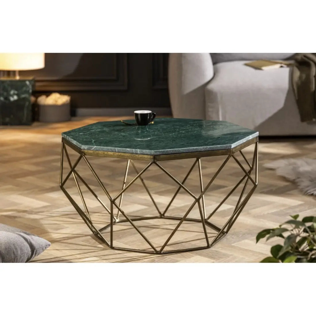 Table bassa NEXORA 70 cm in marmo verde e ferro finitura ottone design geometrico