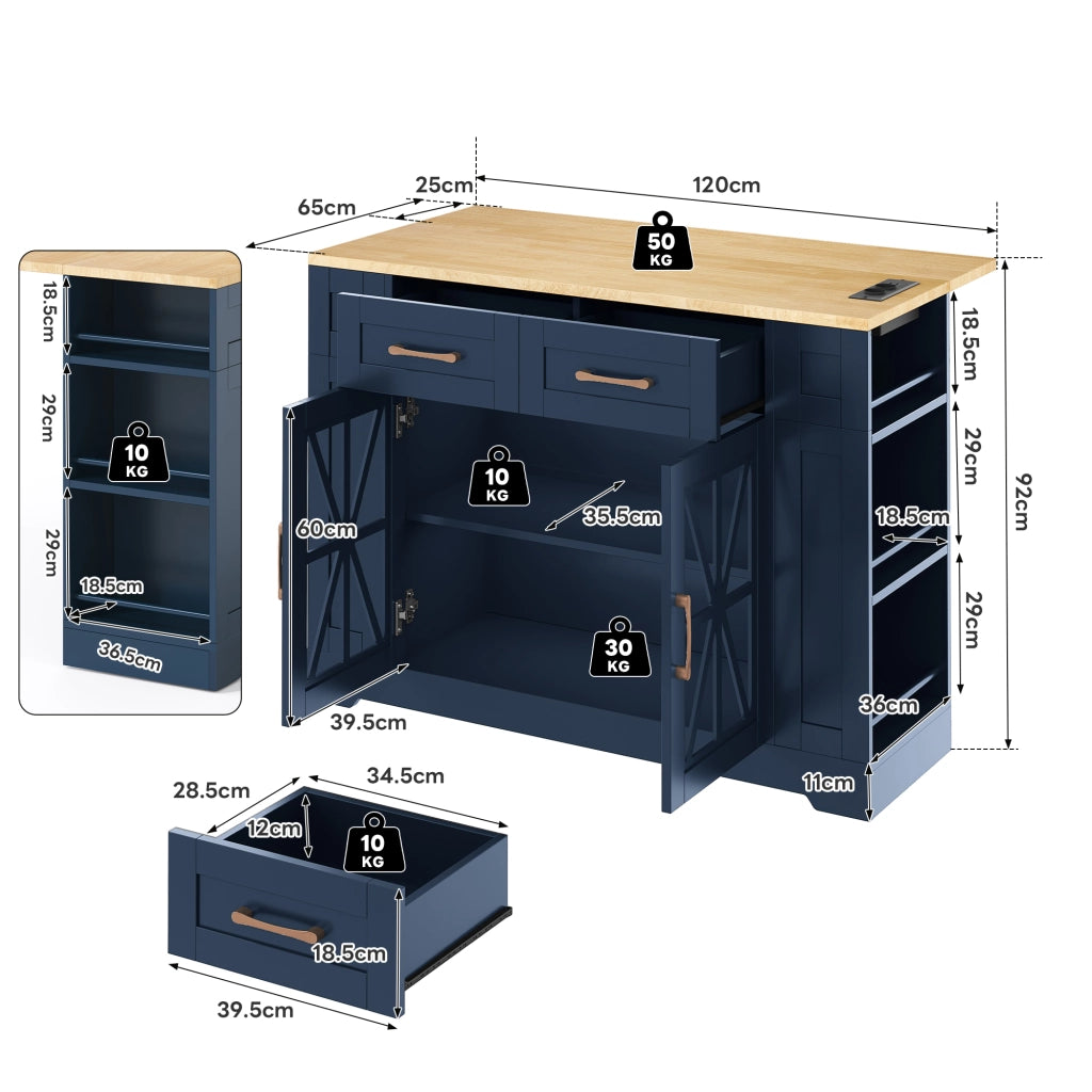 Carrello Da Cucina con 2 Ante in Vetro; 1 Cassetto; 6 Ripiani Aperti; Piano Pieghevole e Porte USB con Ruote; in MDF; 120 x 40 x 92 cm; Blu e Naturale