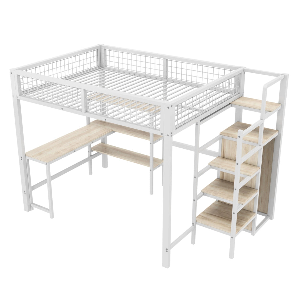 Letto a soppalco ULEVR 140x200 cm con scrivania, armadio e ripiani, struttura in metallo e MDF, bianco