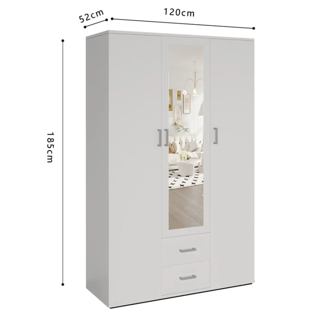 Armadio a 3 ante con specchio TOM - Dimensioni: H185 x L120 x P52 cm - Colore bianco - Stile design